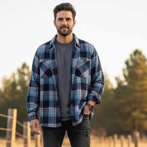 BTC Men's 2XLT Blue Plaid Flannel Western Workwear Shirt 100% Cotton Tall